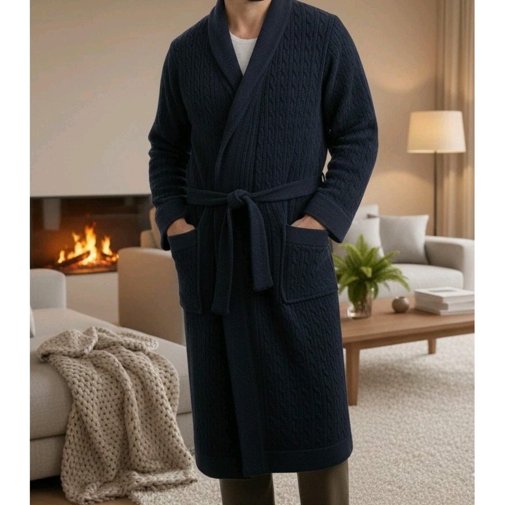 Lands'end Mens Cable Knit Sweater Robe Sz M Wool Blend Loungwear Relaxing NWOT